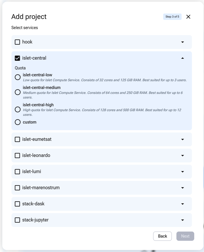 Selecting the islet-central service and a quota during project creation.
