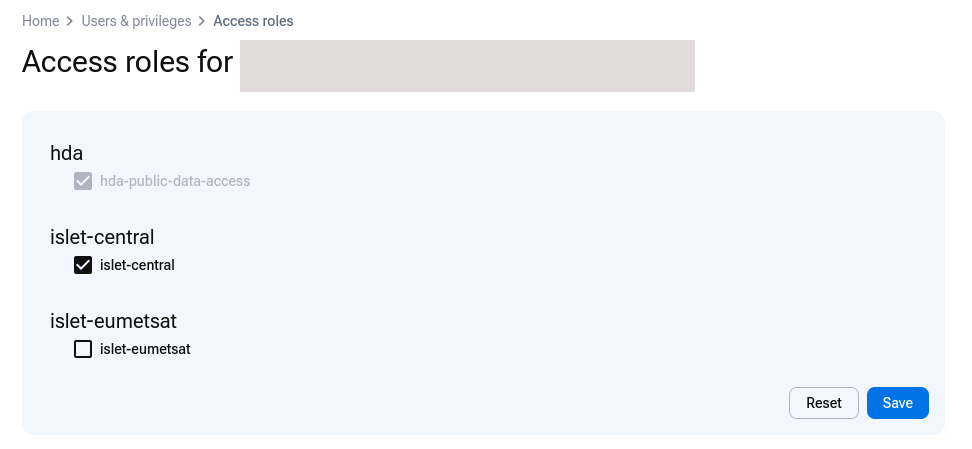 Cleared islet-eumetsat access-role checkbox.