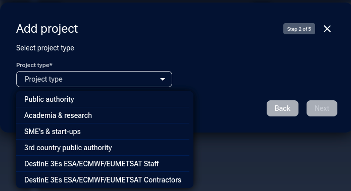 Project type dropdown in project creation form