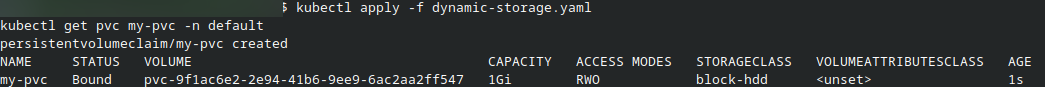 The my-pvc claim bound to a 1 GiB volume with ReadWriteOnce access.
