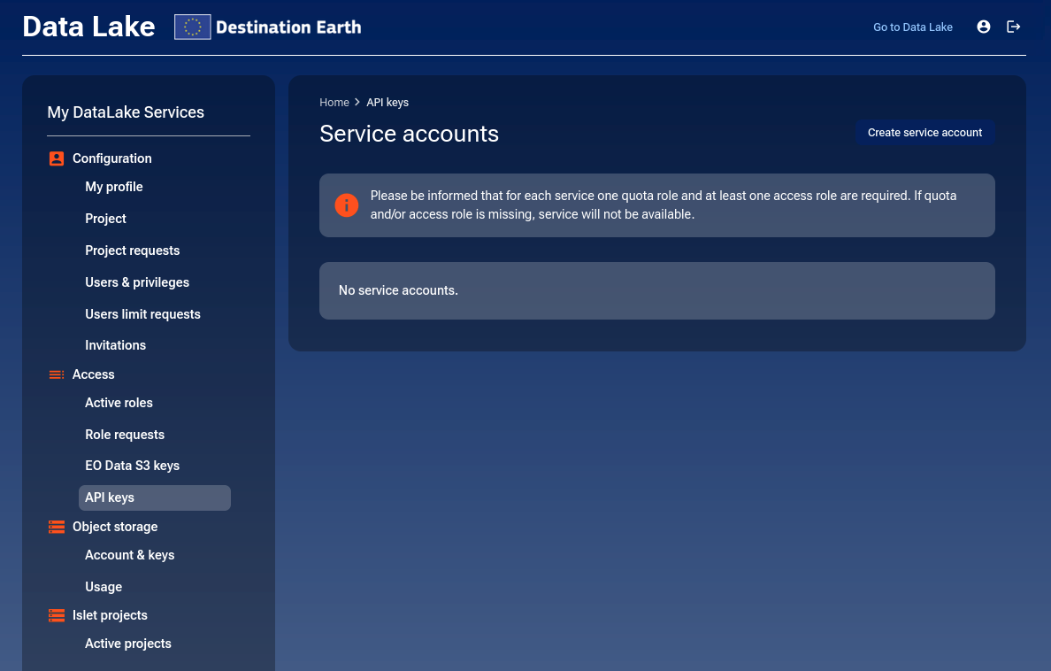 Empty Service Accounts screen
