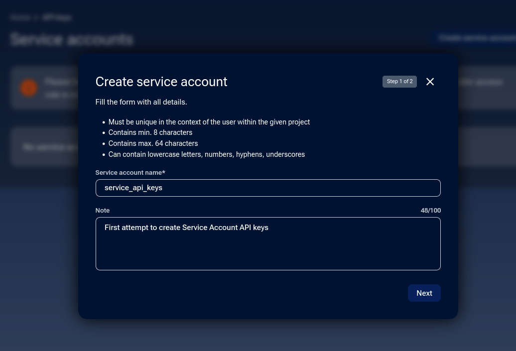 Service account creation modal