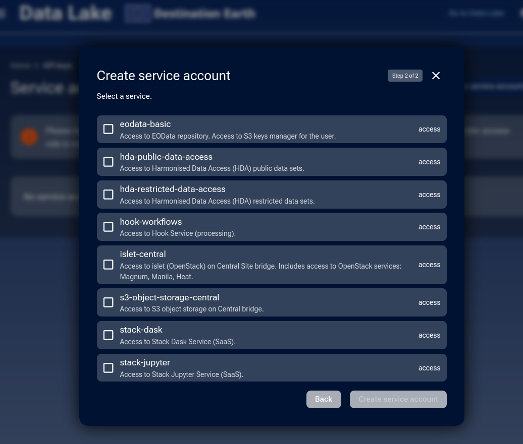 Select services for API key
