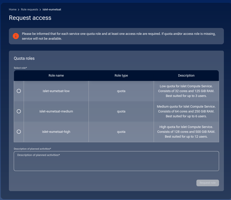 Selecting a quota role for islet-eumetsat.