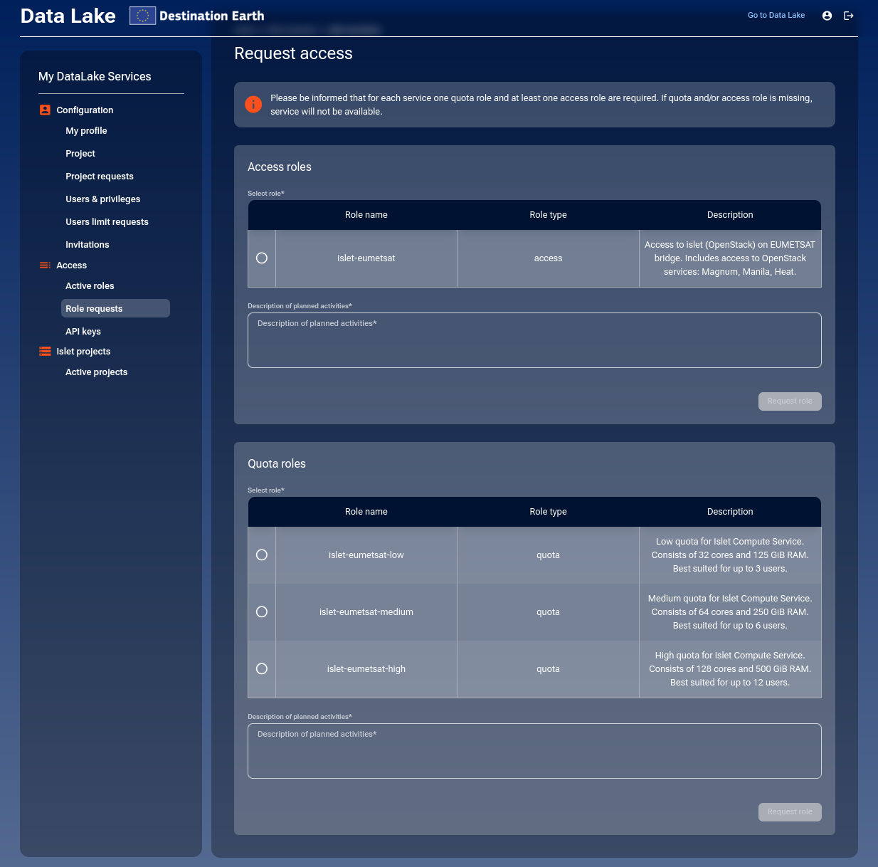 Request access page showing Access roles and Quota roles sections.