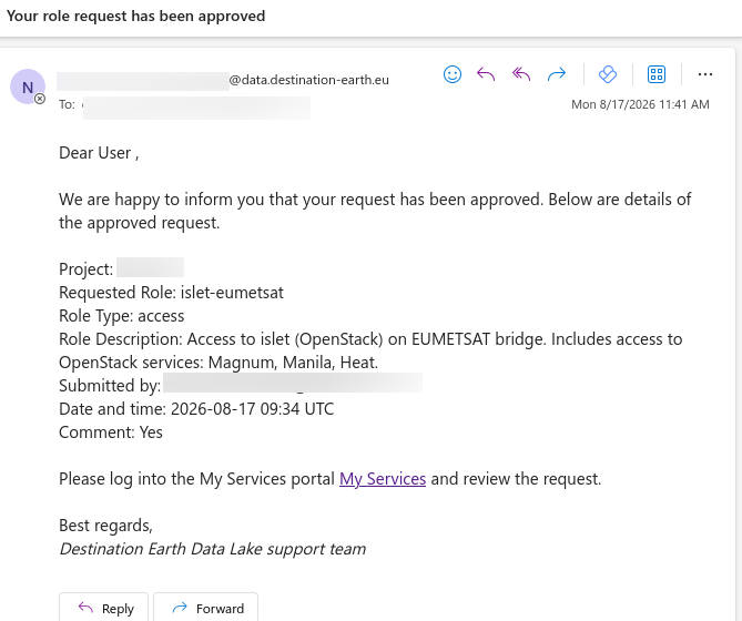 Email notification about an Islet role request status change.