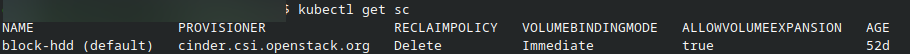 StorageClass listing showing block-hdd as the default Cinder storage class.
