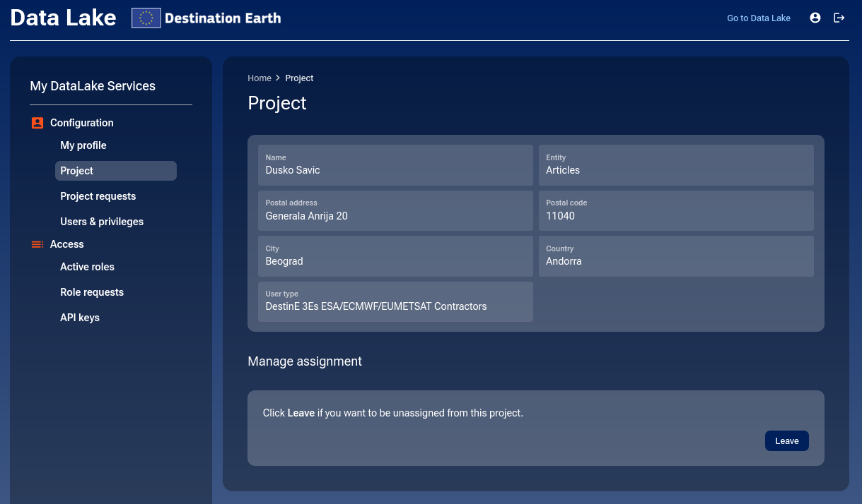 Project page showing leave option