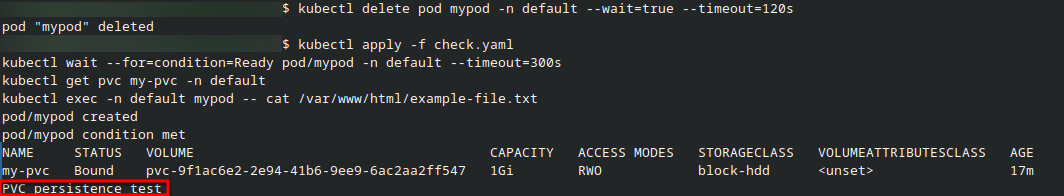 The recreated pod reads PVC persistence test from the existing volume.