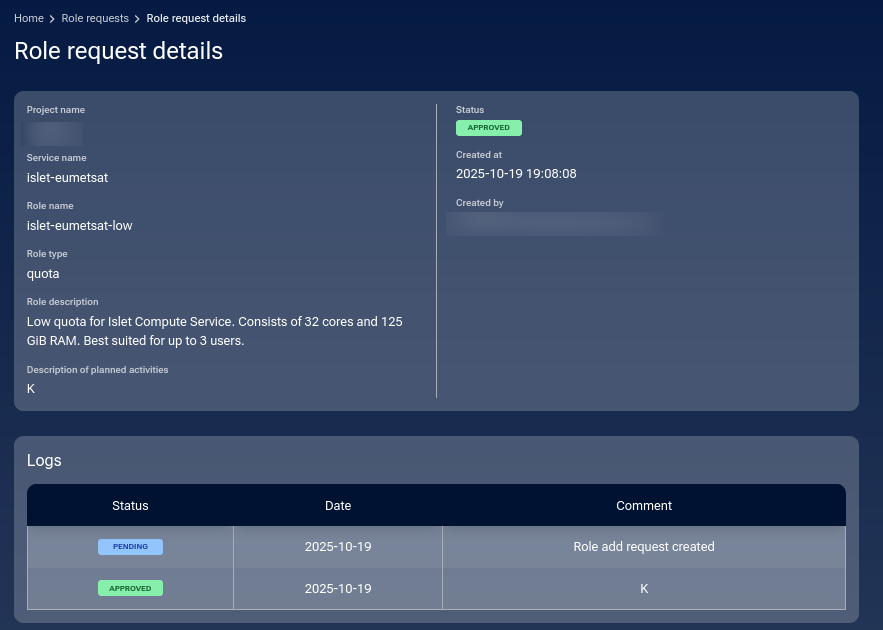 Details view for a role request showing status and operator message.