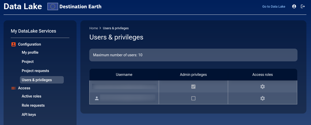 User privileges displayed for own project